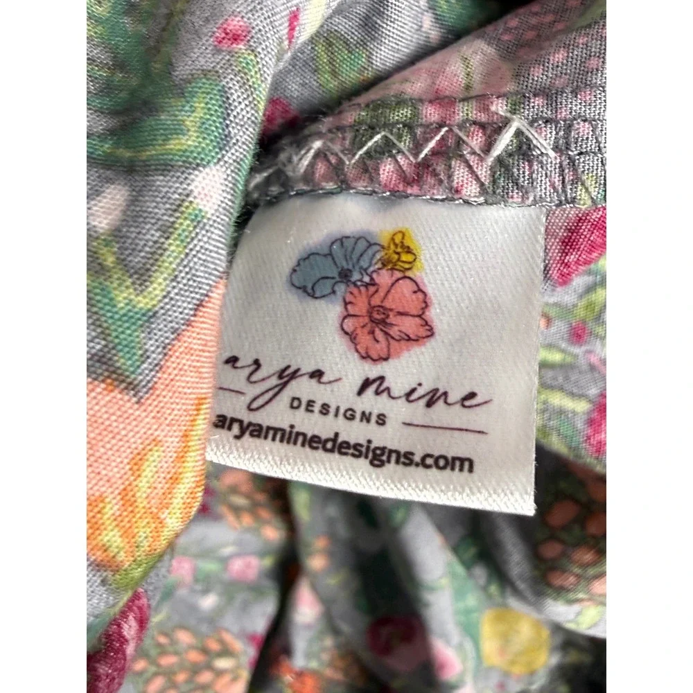 Arya Mine Designs Floral Dress Kids 8 Gray Pink Cotton Handmade Short Sleeve